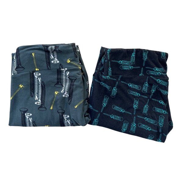 LuLaRoe Tall Curvy Leggings Womens Screw Tools Lot of 2 Green Black One Size - Picture 1 of 6